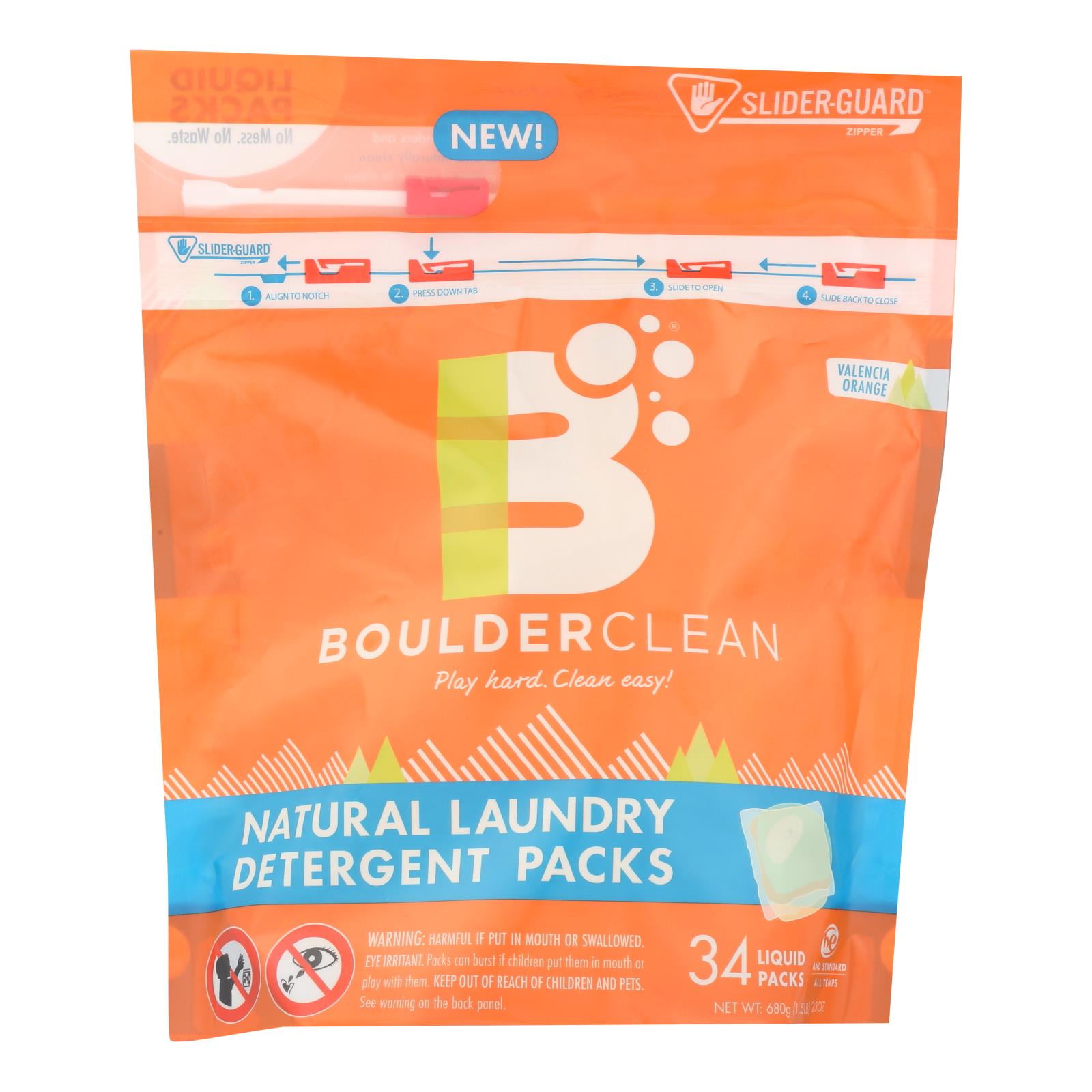 Boulder Clean Laundry Detergent Packs, Valencia Orange, 34/Pouch, 6