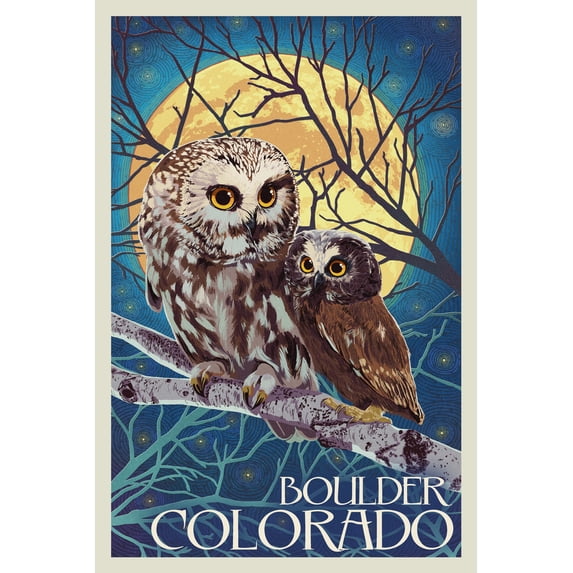 Boulder, Colorado, Owl and Owlet, Letterpress (24x36 Giclee Gallery Art Print, Vivid Textured Wall Decor)