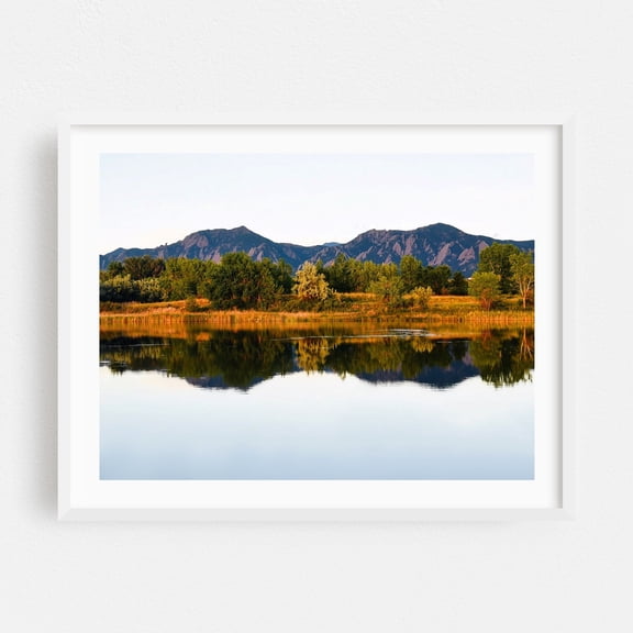 Boulder Flatirons Reflection - Boulder Colorado Photography Landscape Nature Mountain Scenic Lake Wilderness White Framed Wall Art Print 5 x 7 inches