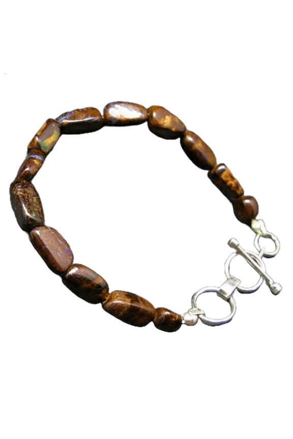 Boulder Opal 6-12mm Tumble Shape Smooth Cut Beads 7 inch Silver Plated Clasp Bracelet for men, women, unisex. Link Chain Stacking Bracelet.|LINK_01717