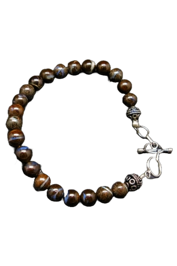 Boulder Opal 8mm Round Shape Smooth Cut Beads 7 inch Silver Plated Clasp Bracelet for men, women, unisex. Link Chain Stacking Bracelet.|LINK_01716