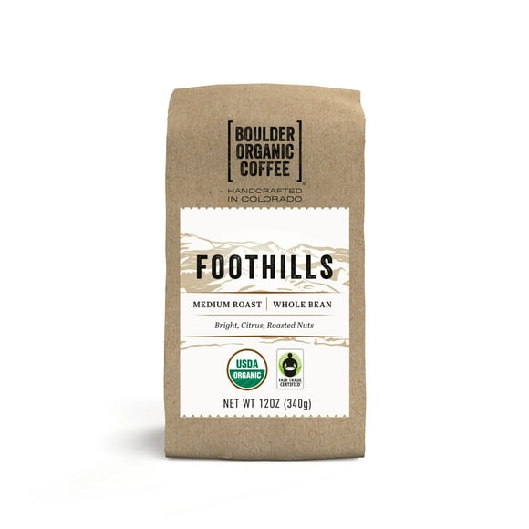 Boulder Organic Foothills Organic & Fair Trade Whole Bean Coffee, Medium Roast, 12 oz Bag, Caffeinated