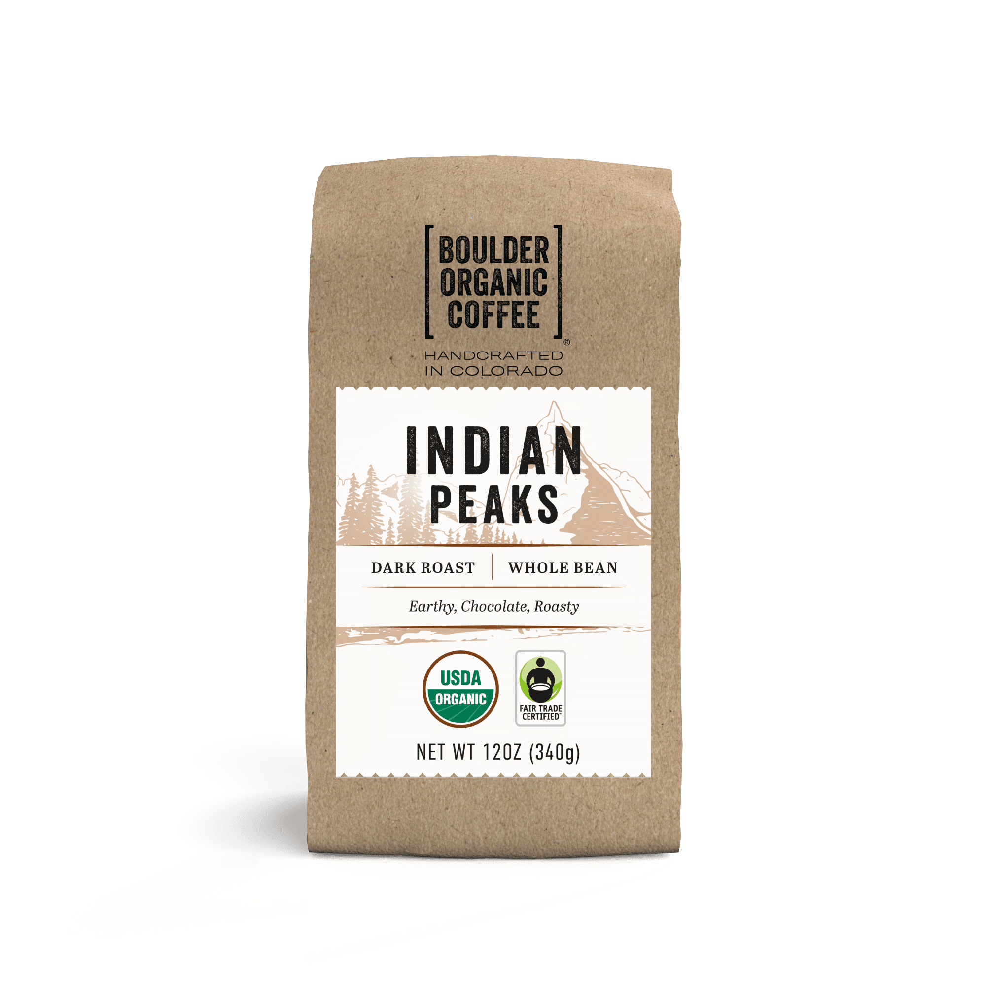 Boulder Organic Indian Peaks Organic & Fair Trade Whole Bean Coffee, Dark Roast, 12 oz Bag, Caffeinated