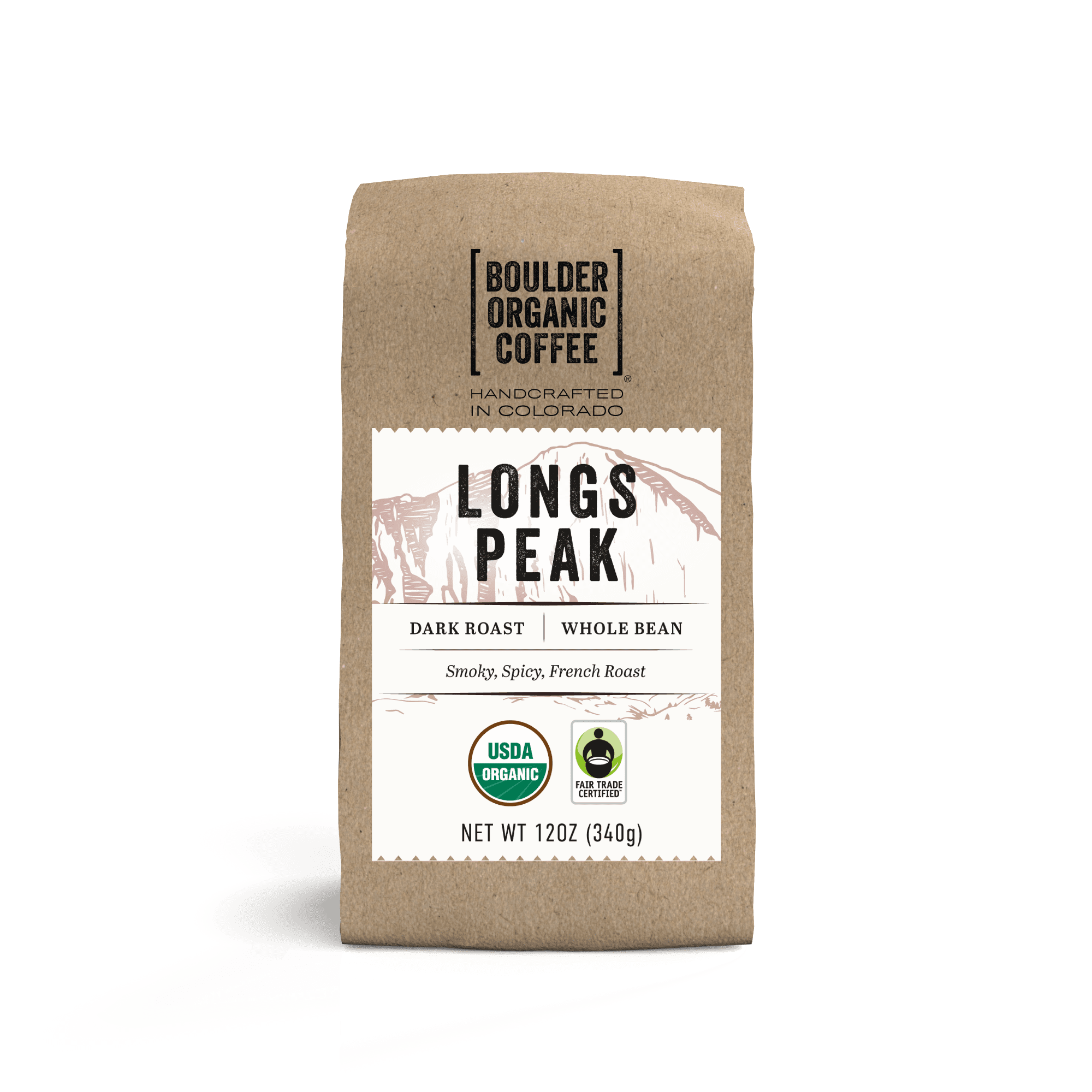 Boulder Organic Longs Peak Organic & Fair Trade Whole Bean Coffee, Dark Roast, 12 oz Bag, Caffeinated