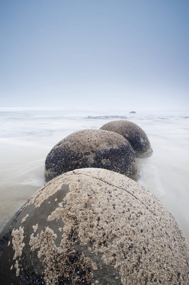 Boulders In A Row In The Shallow Water Leading Out To The Ocean From The Beach Moeraki South Island New Zealand Canvas Art - David DuChemin Design Pics (24 x 38)