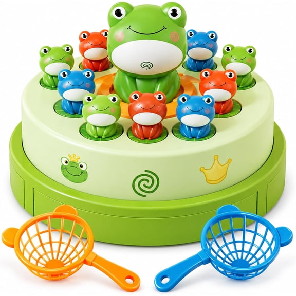 Bounce and Catch Frog Board Game, Musical Rotating Pop Up Lily Pad Frog Catching Game with Silent Modes, Side Storage, 10 Mini Frogs & 2 Catching Nets for Family Game Nights