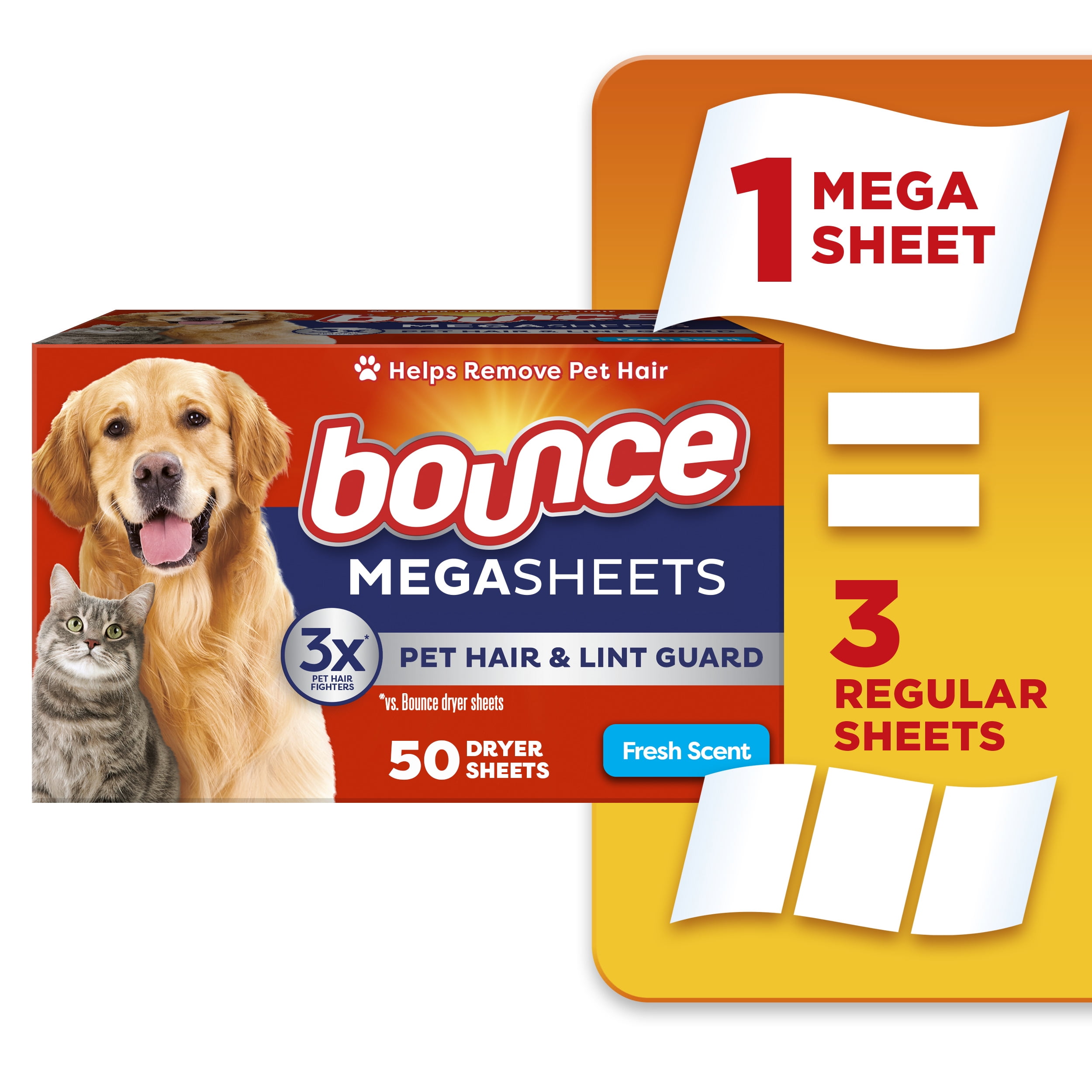 Bounce Dryer Sheets, Pet Hair and Lint Guard, Fresh Scent, 50 Mega Dryer Sheets