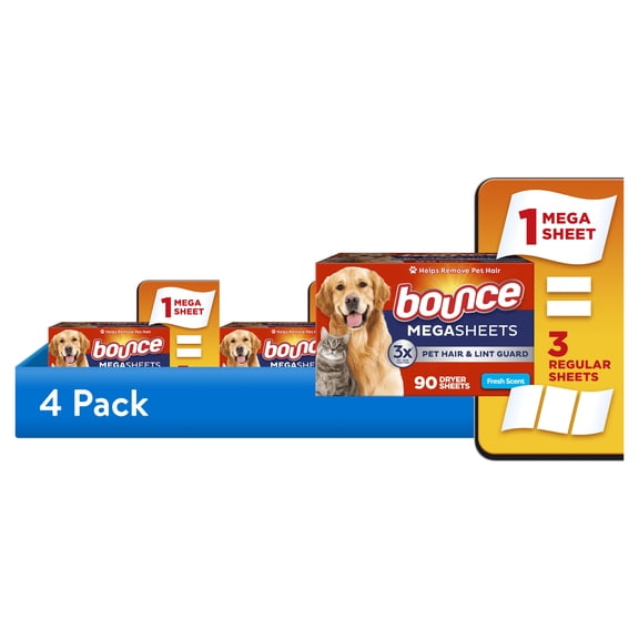 (4 pack) Bounce Dryer Sheets, Pet Hair and Lint Guard, Fresh Scent, 90 Mega Dryer Sheets