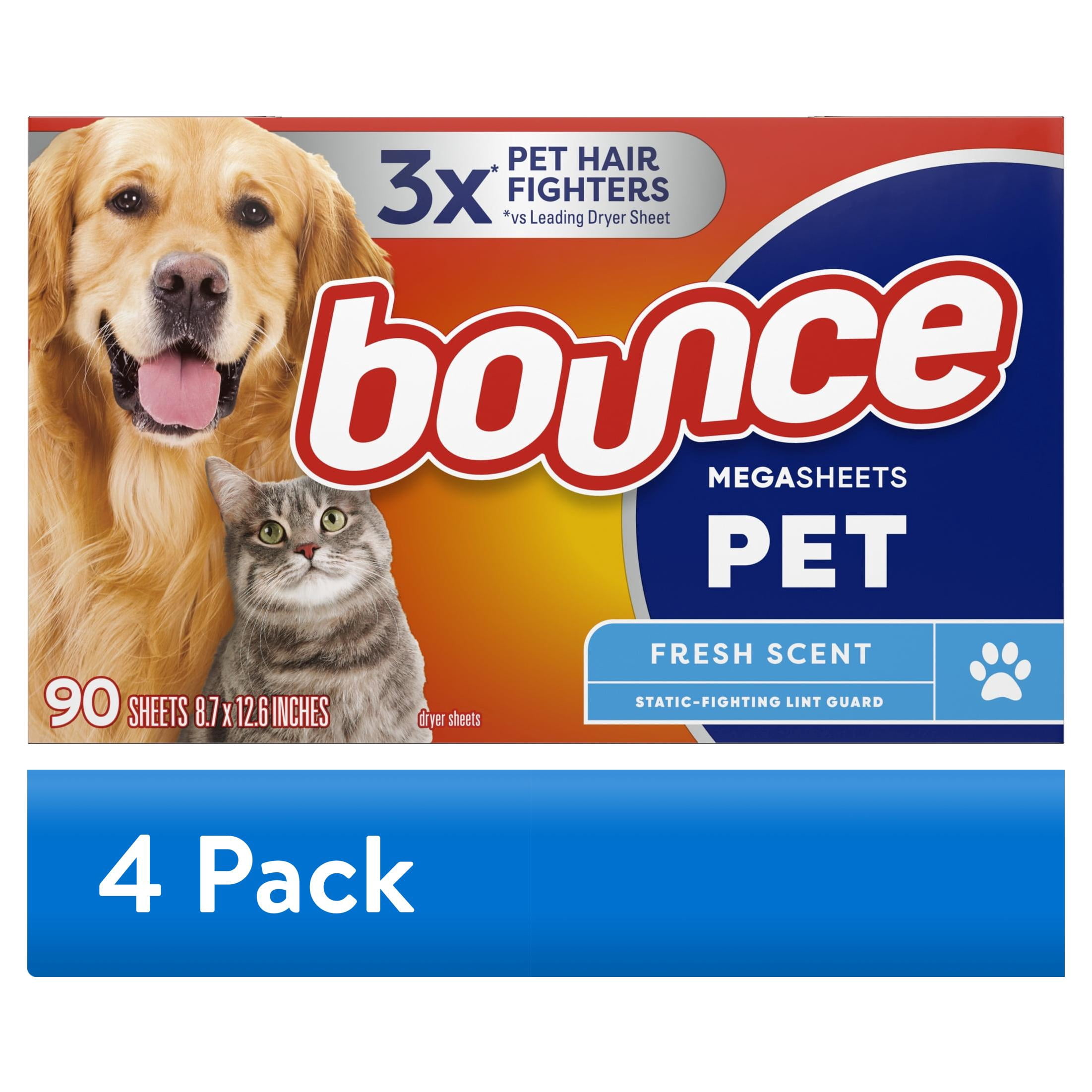 (4 pack) Bounce Mega Dryer Sheets, Pet Hair and Lint Guard , Fresh Scent, 90 Count