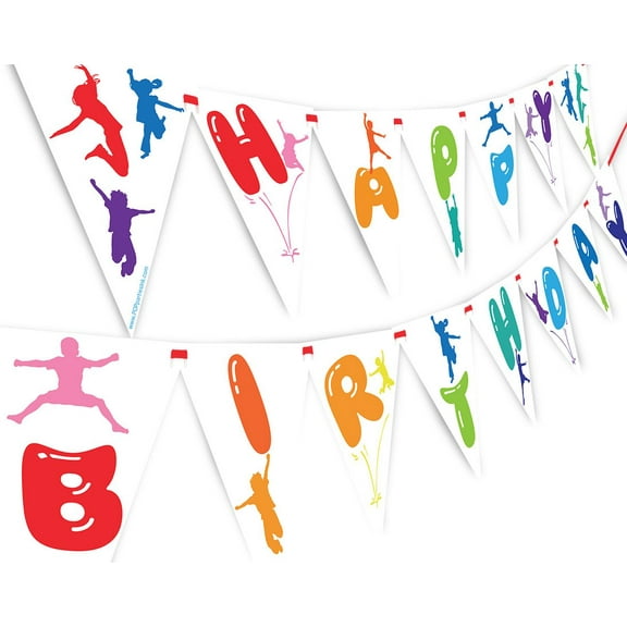 Bounce Jump Happy Birthday Banner Pennant - Rainbow Party Banner - Trampoline Party Decoration