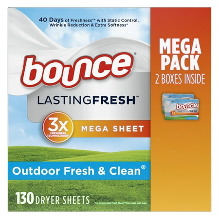 Bounce Lasting Fresh Mega Dryer Sheets, 130 ct, Outdoor Fresh & Clean Fabric Softener Sheets