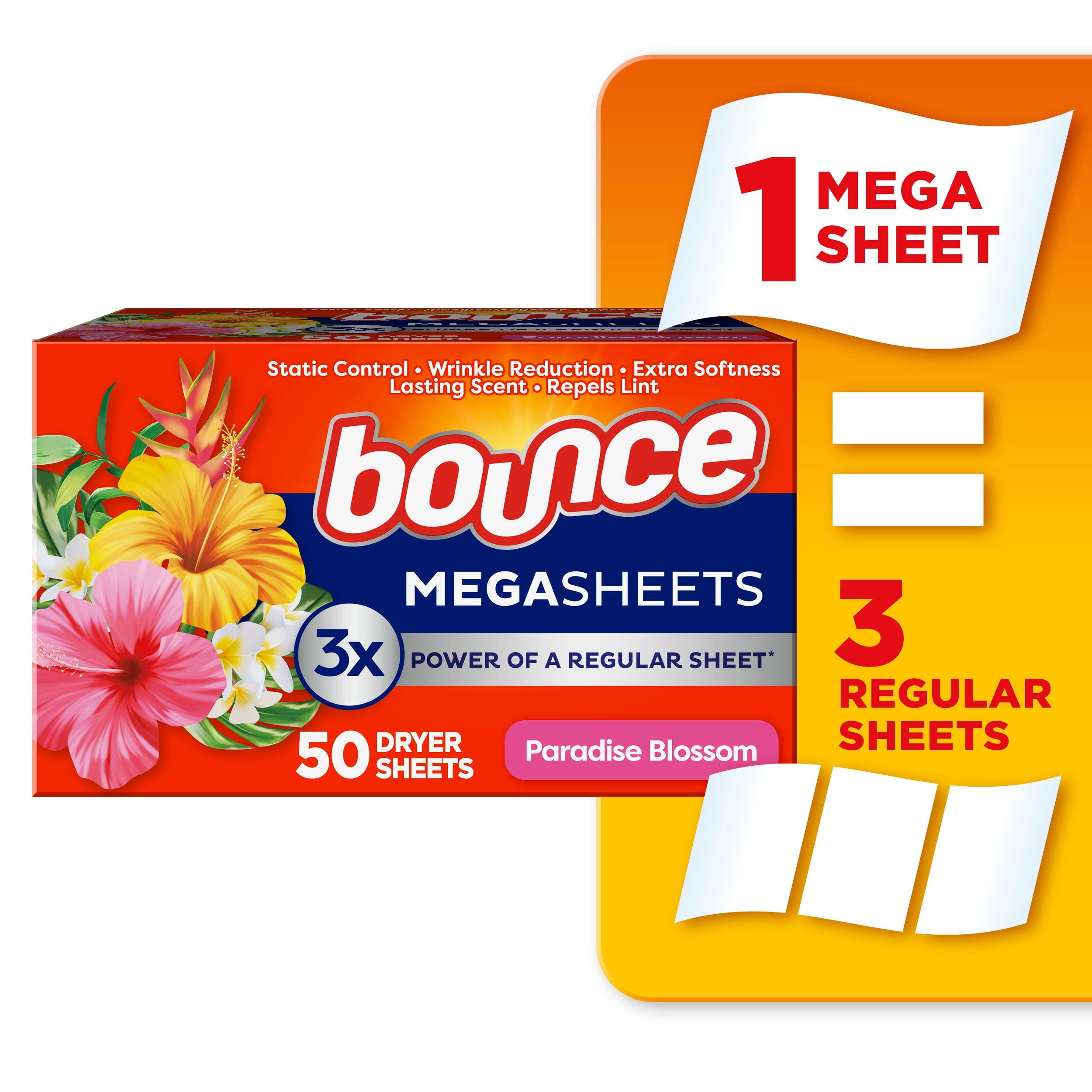 Bounce Mega Fabric Softener Dryer Sheets, Paradise Blossom Scent, 50 Count
