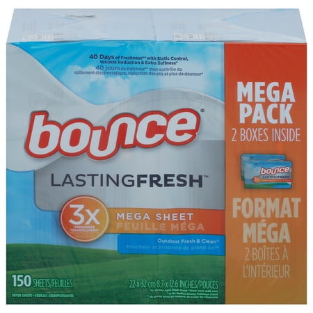 Bounce Lasting fresh 3x mega (150 Dryer) sheets Outdoor Fresh & Clean, 22x32cm 8.7x12.6 INCHES/POUCES