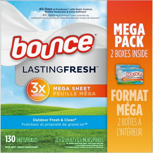 Bounce Mega Dryer Sheets, Outdoor Fresh Scent, White (05151) | 2 Packs (260 Total)