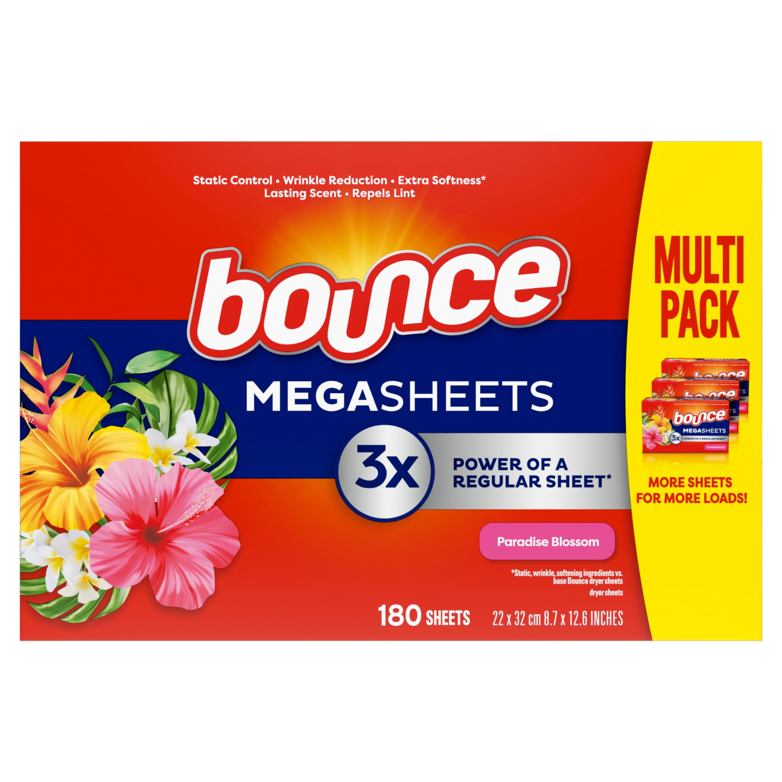 Bounce Mega Dryer Sheets, Paradise Blossom, 180 Count, Bounce