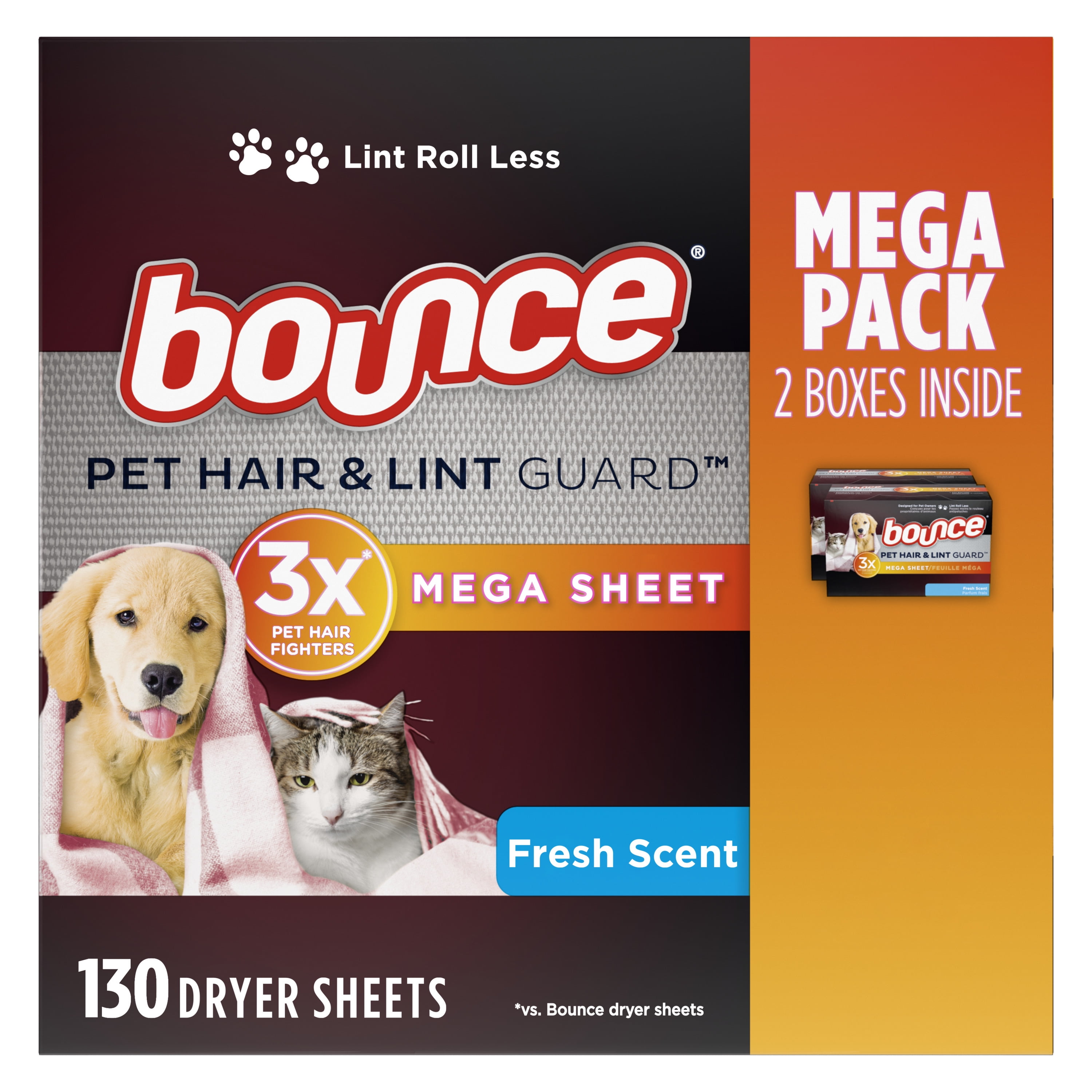 Bounce Pet Hair and Lint Guard Mega Dryer Sheets, Fresh Scent, 130 Ct - Walmart.com