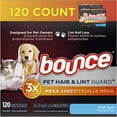 thumbnail image 1 of Bounce Pet Hair and Lint Guard Mega Dryer Sheets for Laundry, Fabric Softener with 3X Pet Hair Fighters, Fresh Scent, 120 Count, 1 of 3