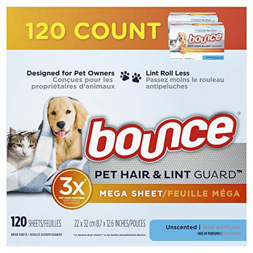Bounce Pet Hair and Lint Guard Mega Wrinkle Releasing Dryer Sheets, Unscented, 120 Count