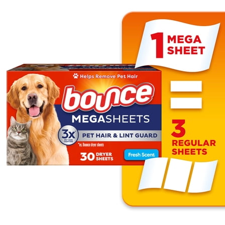 Bounce Dryer Sheets, Pet Hair and Lint Guard, Fresh Scent, 30 Mega Dryer Sheets