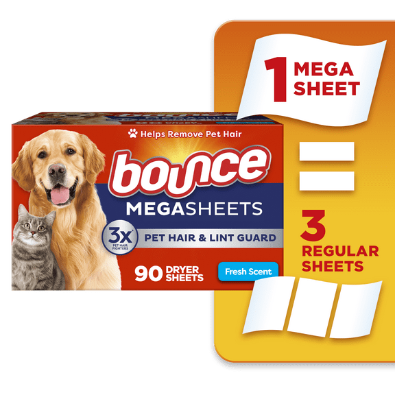 Bounce Pet Hair and Lint Guard Mega Dryer Sheets with 3X Pet Hair Fighters, Fresh Scent, 90 Count
