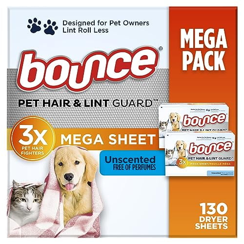 Bounce Pet Hair and Lint Guard Mega Dryer Sheets with 3X Pet Hair