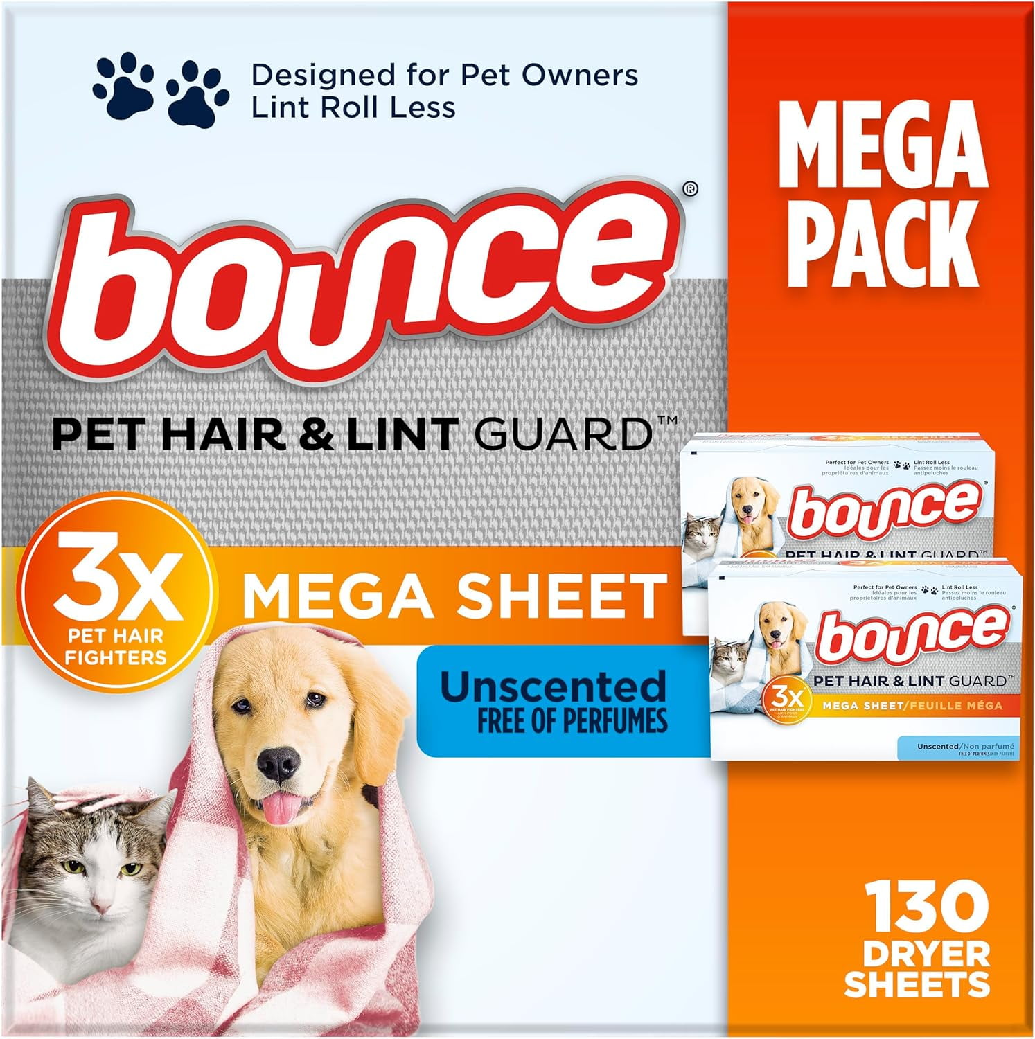 Bounce Pet Hair and Lint Guard Mega Dryer Sheets with 3X Pet Hair