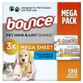 thumbnail image 1 of Bounce Pet Hair and Lint Guard Mega Dryer Sheets with 3X Pet Hair Fighters, Unscented, 130 Count, 1 of 3