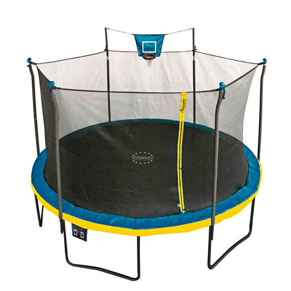 Bounce Pro 12ft Multiplay Trampoline & Enclosure Combo Set with Basketball, Electron Shooter Game, Flash Light Zone Features, Painted Legs & Phone pouch