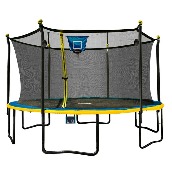 Sportspower Bounce Pro 12ft Multiplay Trampoline & Enclosure with Basketball, Electron Shooter Game, Flash Light Zone Features, Painted Legs & Phone Pouch