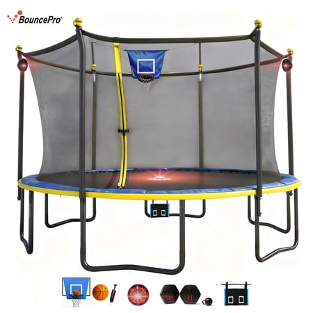 Sportspower BouncePro 12ft Multiplay Trampoline Meets ASTM Safety Standards, Heavy-Duty Rust-Resistant Painted Steel Frame, Safety Net, Basketball, Electronic Target Game & Flashing Lights