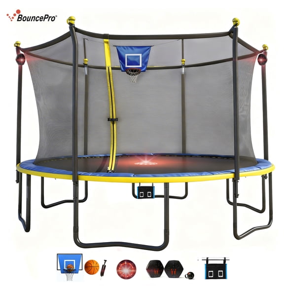 Sportspower BouncePro 12ft Multiplay Trampoline Meets ASTM Safety Standards, Heavy-Duty Rust-Resistant Painted Steel Frame, Safety Net, Basketball, Electronic Target Game & Flashing Lights