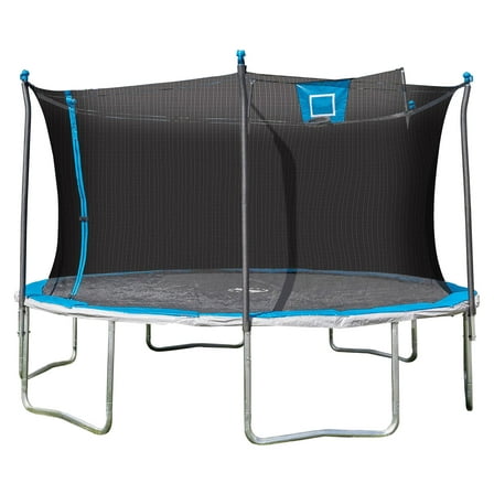Sportspower Bounce Pro 14' Round Trampoline with Skyslam Basketball Station and Safety-Enclosure in Blue and Silver