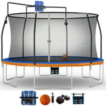 Bounce Pro 14ft Trampoline and SteelFlex Safety Enclosure with Slama Jama Basketball System and Electron Shooter Laser Game