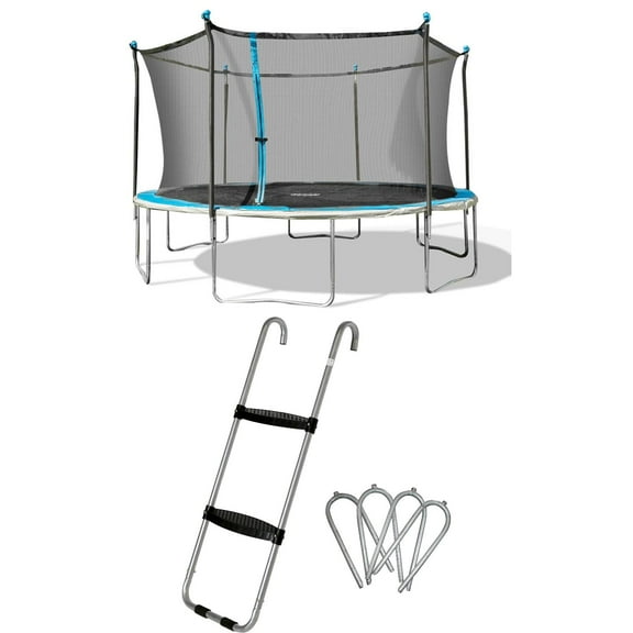 Bounce Pro 14ft Trampoline with Flash Lite Zone w/ Skywalker Trampolines 40 inch Wide-Step Trampoline Ladder & Wind Stakes