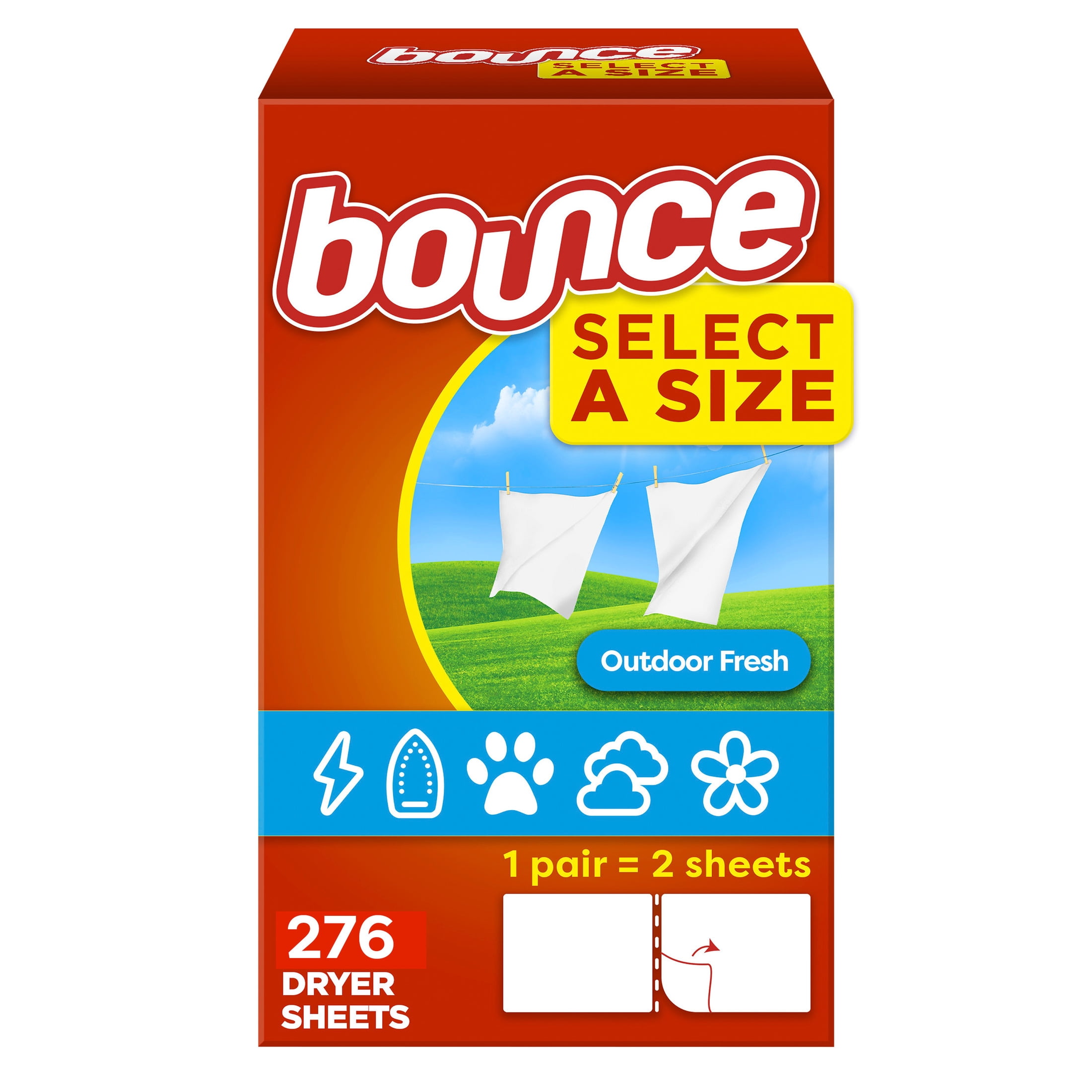 Bounce Select-A-Size Fabric Softener Dryer Sheets, Outdoor Fresh Scent, 276 Count