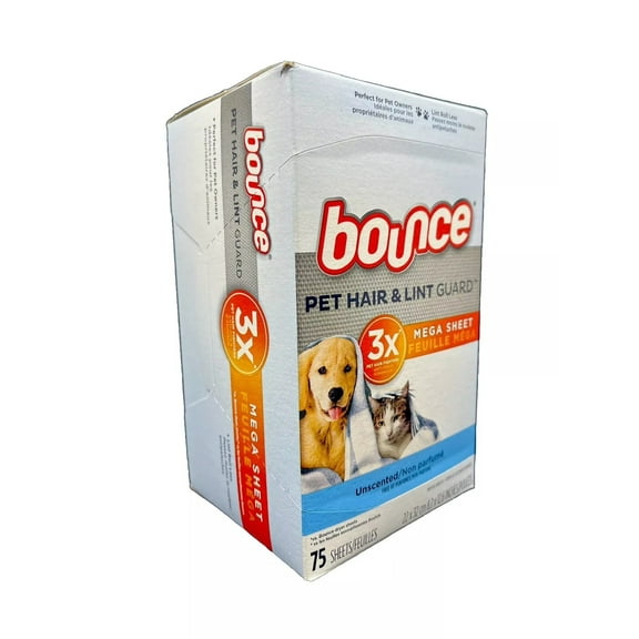 Bounce Unscented Pet Hair and Lint Guard Mega Dryer Sheets for Laundry, Fabric Softener with 3X Pet Hair Fighters, Unscented, Hypoallergenic, 75 Count