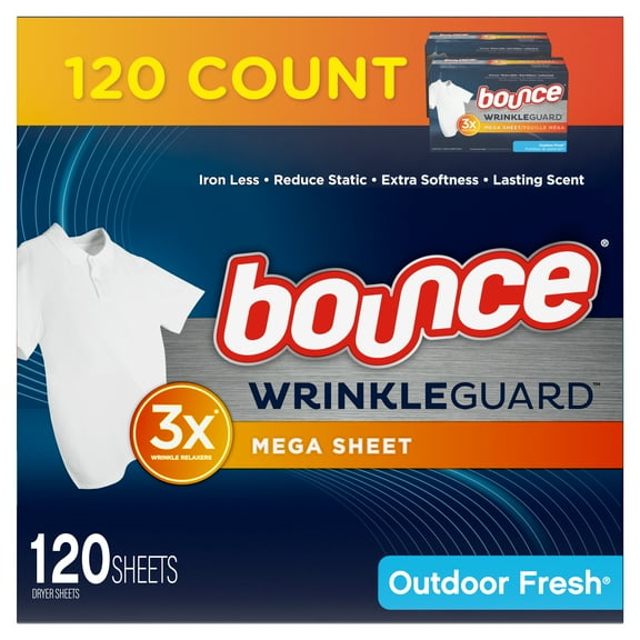 Bounce WrinkleGuard Mega Dryer Sheets, Fabric Softener and Wrinkle Releaser Sheets, Outdoor Fresh Scent, 120 count