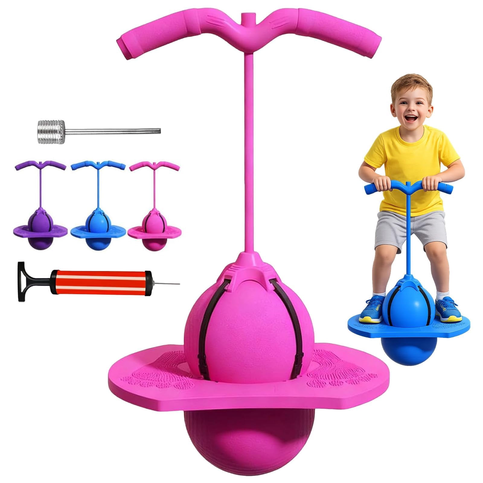 Bouncing Ball with Handle & Pump, Balance Jumping Ball Pogo Hopper with Anti-Slip Deck for Indoor Outdoor Fun & Fitness