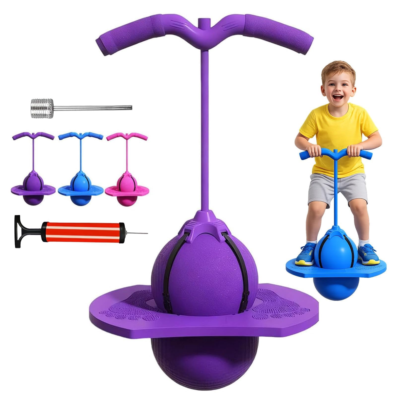 Bouncing Ball with Handle & Pump, Balance Jumping Ball Pogo Hopper with Anti-Slip Deck for Indoor Outdoor Fun & Fitness