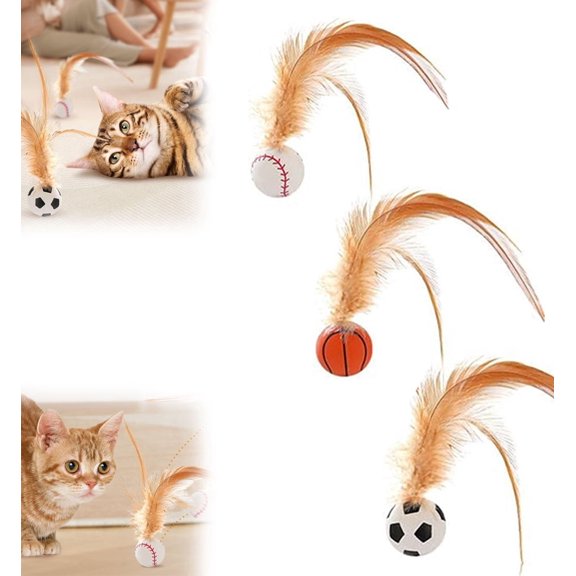 Bouncy Cat Toys, Cat Toys for Indoor Cats, Interactive Cat Ball Toy with Natural Feathers, Bouncy Balls for Cats, Durable Silicone Cat Bouncy Ball for Chasing, Hunting and Exercise (Mix-3pc)