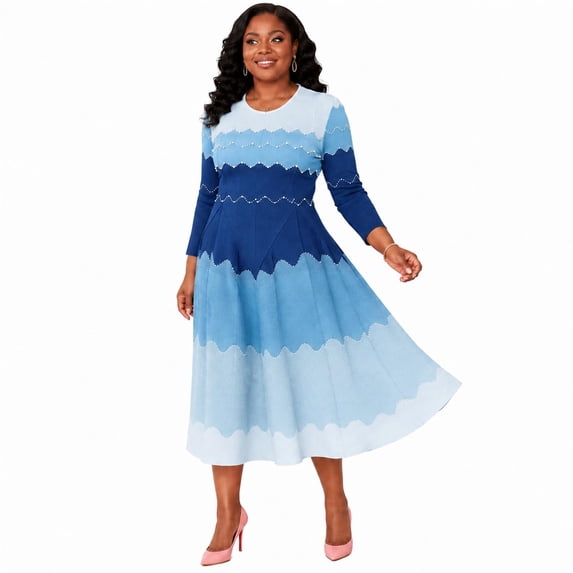 Bouncy Dress for Women Church, Pearl Midi Dress with Gradient Print, Elegant 3/4 Sleeve A-Line Swing Dress for Party, Wedding Guest & Special Occasions