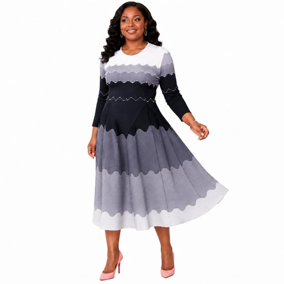 Bouncy Dress for Women Church, Pearl Midi Dress with Gradient Print, Elegant 3/4 Sleeve A-Line Swing Dress for Party, Wedding Guest & Special Occasions