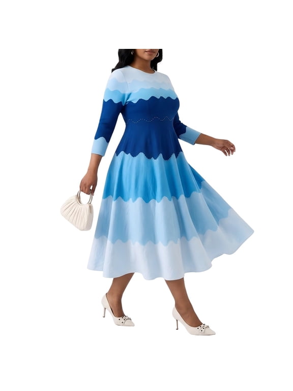 Bouncy Dresses for Women Church Elegance Pearl Midi Dress, 3/4 Sleeve Flowy A-Line, High Stretch One Size