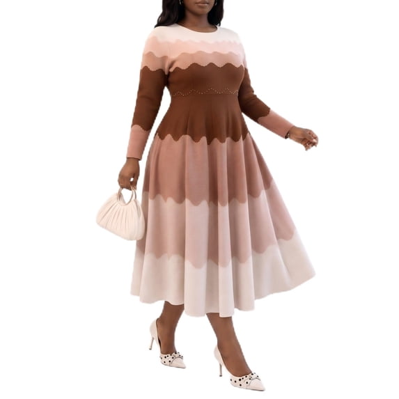 Bouncy Dresses for Women Church Elegance Pearl Midi Dress, 3/4 Sleeve Flowy A-Line, High Stretch One Size
