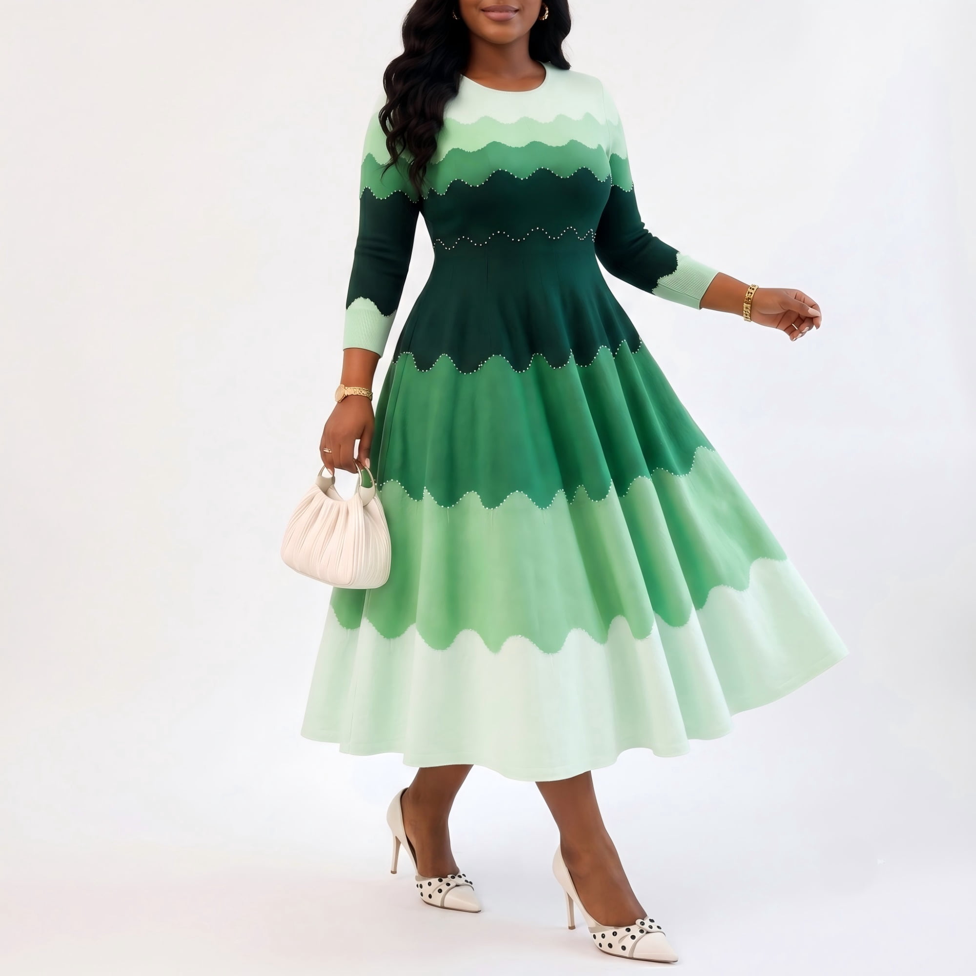 Bouncy Dresses for Women Church Elegance Pearl Midi Dress, 3/4 Sleeve Flowy A-Line, High Stretch One Size