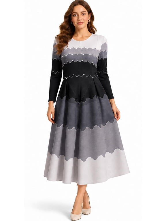 Bouncy Dresses for Women Church, Elegant Pearl Midi Bounce Dress, Flowy 3/4 Sleeve A-Line Bouncing Party Dress