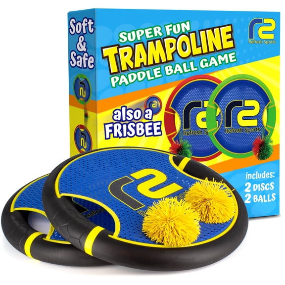 Bouncy Paddle Game - Soft Safe EVA Foam Paddles That Float - Black & Yellow Stringy Ball Set - Outdoor Toss and Catch Yard Game for Kids - Refresh Sports