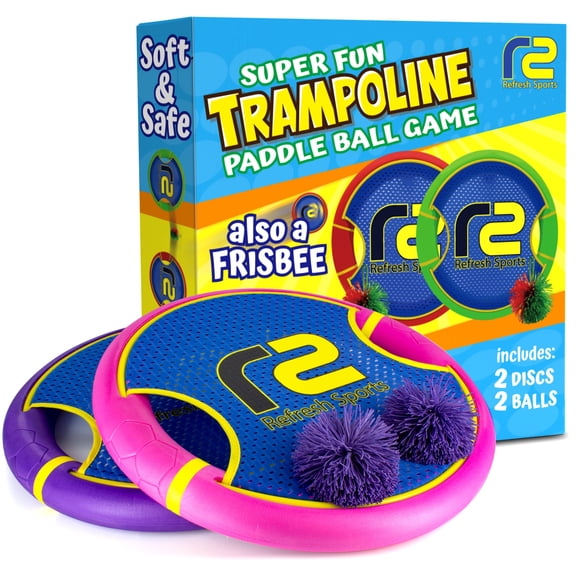 Bouncy Paddle Game - Soft Safe EVA Foam Paddles That Float - Pink & Purple Stringy Ball Set - Outdoor Toss and Catch Yard Game for Kids - Refresh Sports