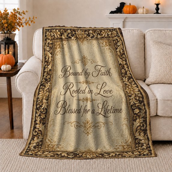 Bound by Faith Rooted in Love Blessed for a Lifetime Quote, Inspirational Family Saying with Vintage Border, Birthday Gift, Soft Flannel Blanket for Bedroom, Graceful Home Decor