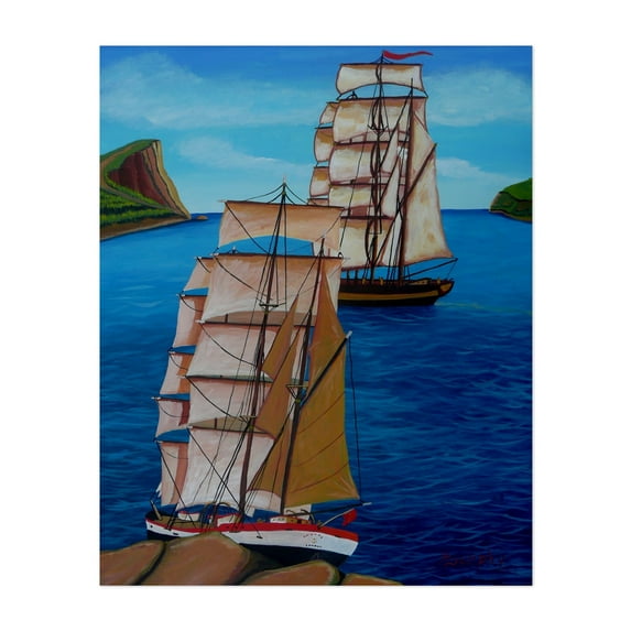 Bound for Sea - Painting Sailboat Nautical Seascape Ocean Boat Coast Harbor Unframed Wall Art Print 16 x 20 inches